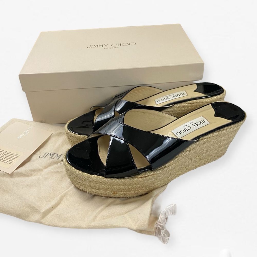 Jimmy Choo Paisley Crisscross Slide Sandal Espadrille Black Patent Wedge Size 40